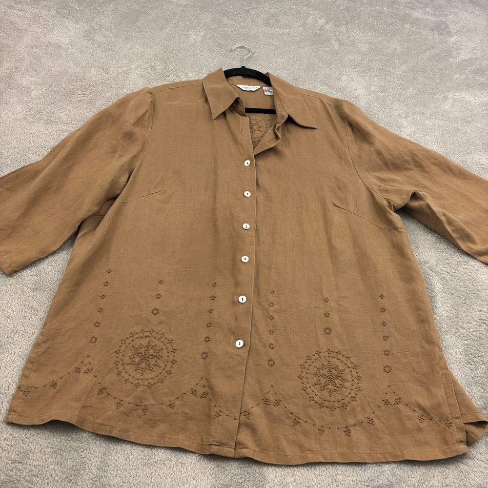 Richard Malcolm Linen Button Up Tunic Top Womens 1X Brown‎ Embroidered Lagenlook